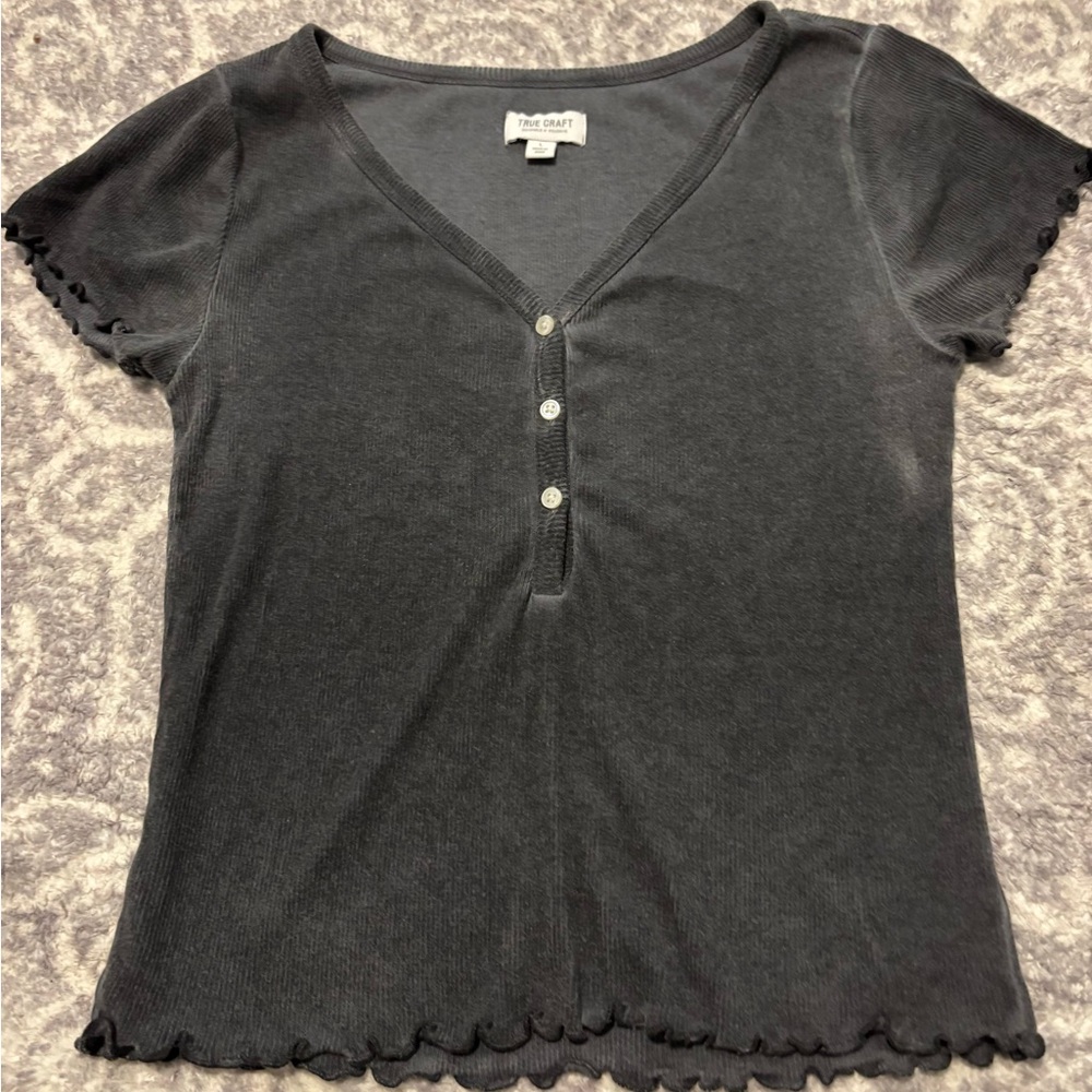 True Craft Charcoal Buttoned V-Neck Top